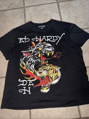 Ed Hardy Black Tee with Tiger & Panther Flame Graphic